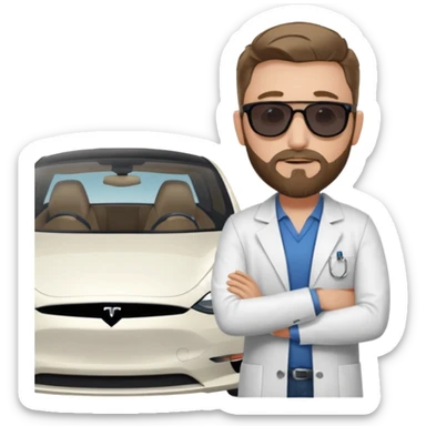 White tesla model 3 with one cool physician with dark blond hair, beard and dark sunglasses next to it sticker