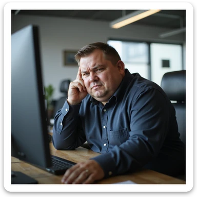 obese man in office, confused and slowed expression, in front of a computer, realistic atmosphere, hyperrealistic 4K details, work environment, signs of cognitive difficulty sticker