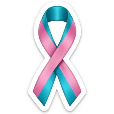 Thyroid cancer ribbon which has a blue strand, a pink strand and teal at the top where the ribbon crossed over sticker