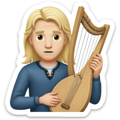 Man with long blonde hair nervous   holding a lyre sticker