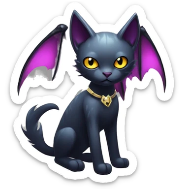  cool edgy kawaii ethereal dark-punk-themed animal vampiric cat-hybrid Fakemon with fangs and bat-wing-ears with a collar full body sticker