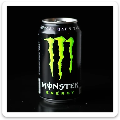 photorealistic close-up shot of monster energy drink can with detailed reflections and neon green accents, on a black background sticker