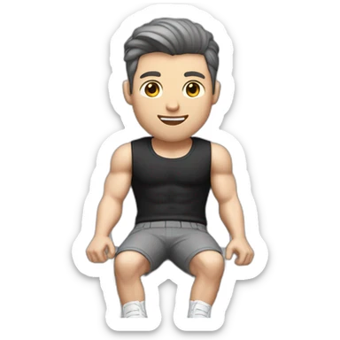 Pale skinned Fit Man With the biceps and dark brown hair in black shirt, gray sports shorts and white Sneakers Sitting on a chair sticker