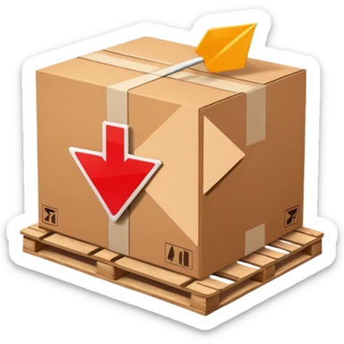 cardboard box on a pallet with a digital arrow next to the box pointing right, arrow does not overlap the box, simple and clear, no text sticker