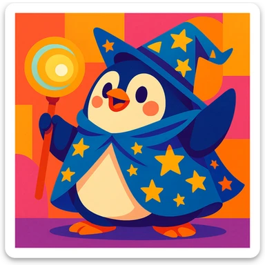 chubby penguin wizard with starry cloak and glowing orb, colorful playful style sticker