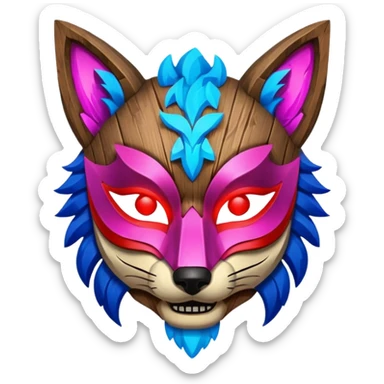 Ancient wooden mask, broken in half, luminous and neon with red, blue, and pink fox-like glow. Fragments of the mask scattered around. sticker