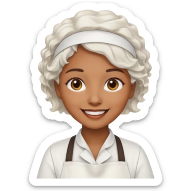 woman, brown skin, white short wavy hair, with apron sticker
