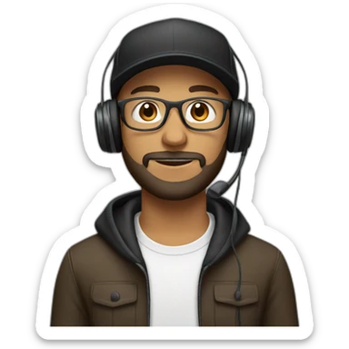 Male with headphones, clear glasses, black cap and brown beard sticker