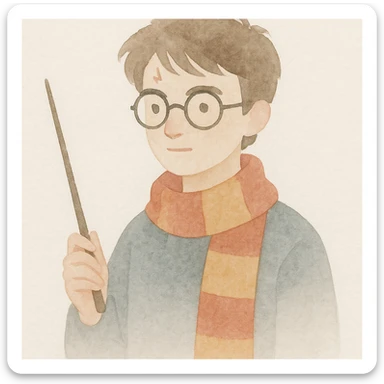 Harry Potter holding a wand and wearing a Gryffindor scarf in watercolor art style sticker