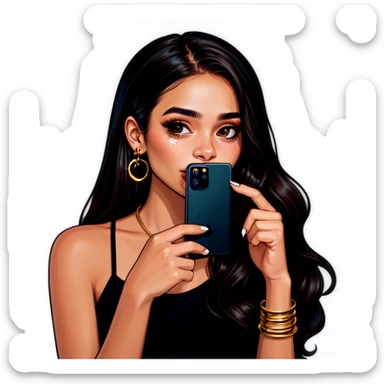 Beautiful young girl with dark choppy long hair flows as she holds her black phone with a gold septum ring that shines  sticker