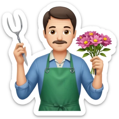 Middle-aged male florist – apron on, trimming stems with scissors sticker