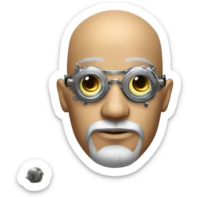 Tan bald male Latino cyborg head with grey beard, silver steampunk monocle goggles and circuits sticker