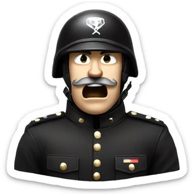 an angry screaming soldier with moustache, in black uniform and black big helmet with thunder logotype on it, white skin, bust, detalized face sticker