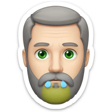 Greenish grey eyed adult man with tired look. Short dark grey hair, poor amount. He has a very long beard hanging. Pale skin. He's serious and looks tired. Make sure his hair and beard are both dark grey. sticker