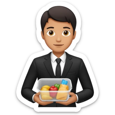 man with suit holding food container sticker