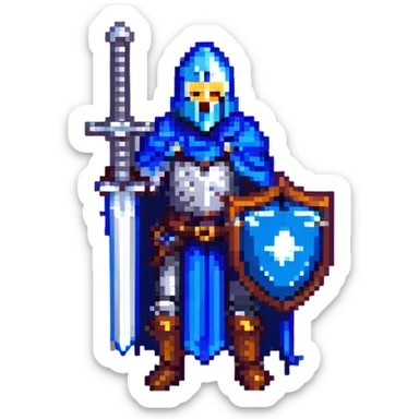 pixel art knight with blue cape, gray iron sword, blue iron shield sticker