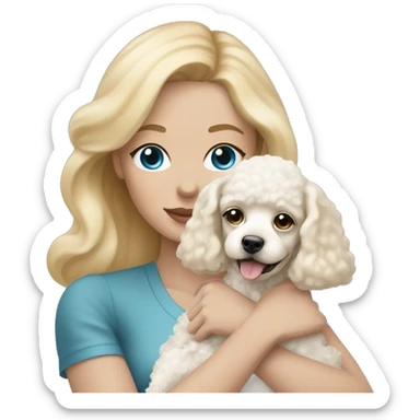 woman with  blonde straight hair and blue eyes is holding a cream poodle puppy sticker