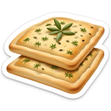 Focaccia Cinematic Realistic Focaccia Bread Dish Emoji, depicted as a golden, olive-oil brushed flatbread sprinkled with herbs, rendered with lifelike textures and warm, inviting lighting. sticker