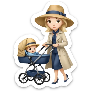 A stylish mother wearing a wide-brim hat, pushing a stroller. sticker