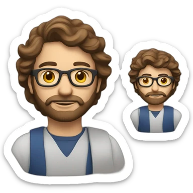 A settled man with brown hair, glasses, a beard and a sibyl sticker