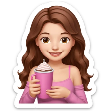 menina branca com cabelos castanhos longos ondulados com xícara rosa na frente com chocolate quente, com blusa de alça fina sticker