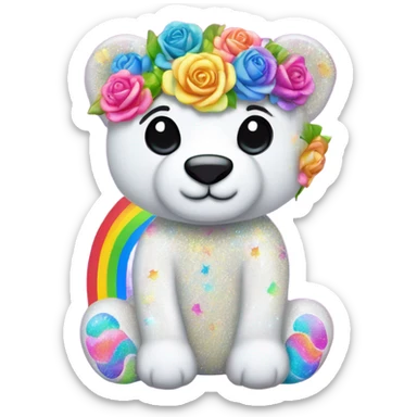 Lisa frank white glitter bear with rainbow roses sticker