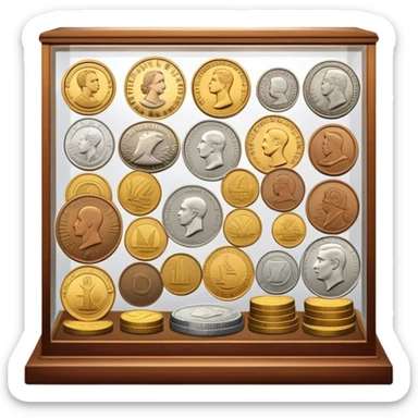 Icon for Coin Collecting: a collection of different vintage and modern coins of various forms and size, neatly arranged in a display case or on a table. The icon should highlight the diversity and historical value of coin collecting. Transparent background. sticker