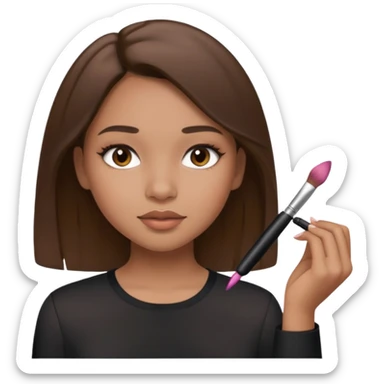 Draw a mixed-race girl applying makeup, wearing a clean girl blouse and with straight brown hair  sticker