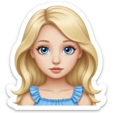 Pretty Emoji girl with close-set blue eyes and eyeliner on them, long round nose, wide not very full lips, oval face shape, long blonde hair in cute ruffle top sticker