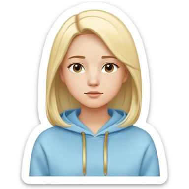 Woman with oval face, light blonde straight hair parted to the side, dreamy expression, wearing a light blue hoodie with gold and white accents sticker