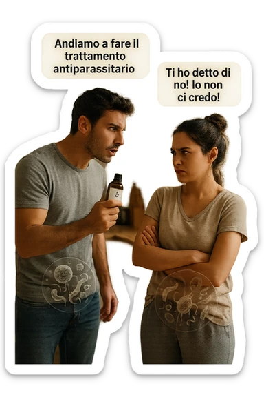 A highly realistic, cinematic photo of a young couple in their early 30s having an argument in a bright modern kitchen. The man, athletic build, wearing a casual T-shirt and jeans, is speaking firmly with a raised hand holding a small amber glass bottle labeled with a subtle herbal symbol, saying 'Andiamo a fare il trattamento antiparassitario' with a determined expression. The woman, with long dark hair tied in a messy bun, casual home outfit, crosses her arms with an angry, defensive expression, replying 'Ti ho detto di no! Io non ci credo!' while slightly turning away. Tension is visible in their body language, with the man leaning forward trying to explain and the woman leaning back, her eyebrows furrowed. Around them, subtle ghostly overlays of microscopic parasites are faintly visible near their abdominal areas, symbolizing the hidden reason for the argument. The kitchen is bright and modern with plants and natural light, contrasting the emotional tension. The style is hyperrealistic with warm tones and shallow depth of field focusing on their facial expressions, illustrating the conflict between belief in natural treatments and skepticism within the couple regarding hidden parasitic infections. in italiano sticker