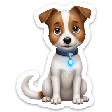 cinematic-[jack russel]-realistic-full-body-sitting-emoji,-tail-resting-loosely-beside-its-paws,blue eyes-head-tilted-dramatically, -scruffy-[brown and white]-fur,-simplified-yet-realistic-focused-features,-highly-detailed,-glowing-with-an-almost-sarcastic-glow sticker