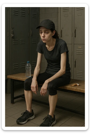 3D rendered scene: a woman in her 20s wearing running clothes sits on a bench in a locker room, looking exhausted and weak. Her face shows signs of fatigue, and her limbs appear thin and lacking muscle tone. A water bottle and a small, half-eaten snack are beside her, hinting at insufficient nutrition. The environment is realistic, with a focus on her physical and emotional state. sticker