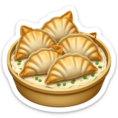 Gyoza Cinematic Realistic Gyoza Dish Emoji, depicted in a close-up view of 1 to 2 delicate dumplings with a crisp, golden exterior and savory filling, rendered with exquisite detail and dynamic lighting. sticker