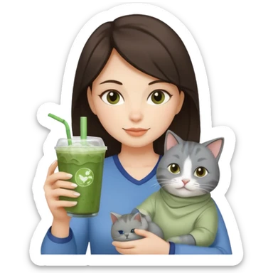 a brunette woman in here 30S drinking an iced matcha, carrying a grey cat and a map of the world sticker
