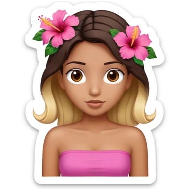 tan girl with dark brown hair and blonde highlights with a hibiscus flower in her hair wearing a pink tube top with tan lines showing sticker