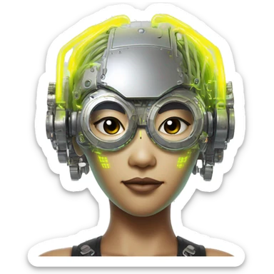 Neon yellow bobbed hair Asian female cyborg head with silver steampunk goggles and circuits sticker