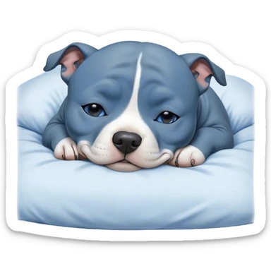 Meme-Worthy Cute Sleeping Blue Staffordshire Bull Terrier Portrait Emoji, Head resting peacefully with a contented smile, showcasing a delightfully compact build and a luxuriously soft blue Fur, eyes shut in a serene nap, Simplified yet hilariously adorable features, highly detailed, glowing with a soft, drowsy light, high shine, relaxed and utterly lovable, stylized with an air of playful laziness, bright and heartwarming, soft glowing outline, capturing the essence of a comically sleepy guardian, so meme-worthy it feels like it could instantly become the next viral sensation of adorable slumber! sticker