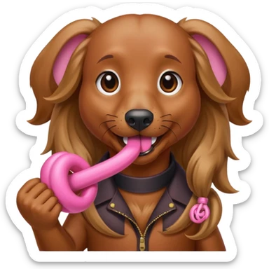 Brown long haired weiner dog holding pink monkey fist weapons in her mouth sticker