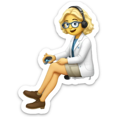 Create a blonde scientist listening to music in a lab sticker