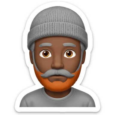 A dark-skinned man with a gray beanie, brown eyes, and a gray beard, wearing a calm expression. sticker