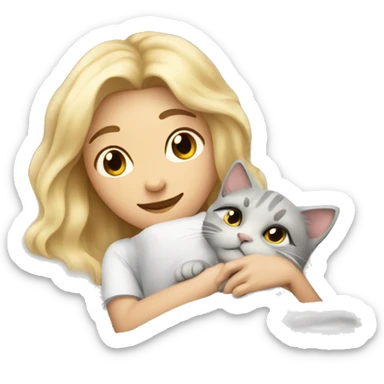 blonde lying in white bed with loose hair and hugging light gray cat sticker