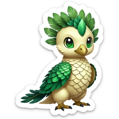 Cute cool fantasy animal hybrid Fakemon full body, green scales, leaves, feathers, sticker