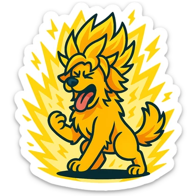 golden retriever in cartoon style, transforming into super saiyan with yellow energy and wild hair, dynamic and energetic sticker