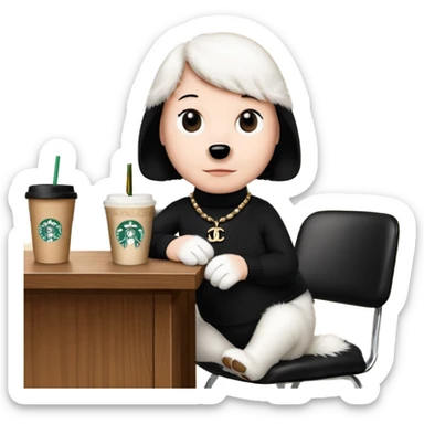 snoopy in a desk with starbucks and his chanel purse sticker