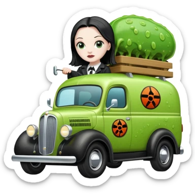 Heroic  Wednesday Adam’s SuperBug Ron’s slime-oozing exterminator antique tall moving van hot rod(motto: You pay me now!) sticker