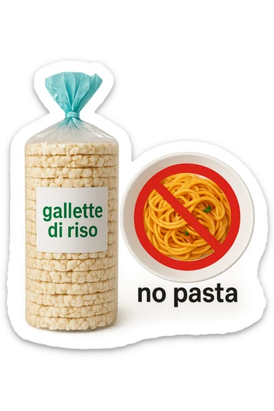confezione di gallette di riso con accanto un piatto di pasta con divieto sopra, in italiano,  realistici sticker