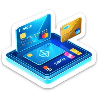 3D isometric fintech illustration, rotated to the left, neon blue lighting, instant crypto transfer, glowing coin, dynamic holographic arrows, metallic and glass textures, two isometric credit cards in the background, volumetric glass elements with realistic reflections sticker