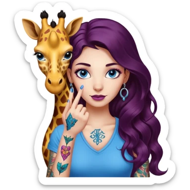 Gorgeous female Long wavy dark plum hair, colorful giraffe tattoo, word ""pinky swear" black lettering tattoo, blue eyes, piercings sticker