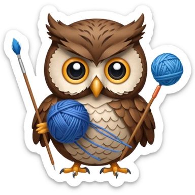 Owl holding blue yarn ball and knitting needles sticker